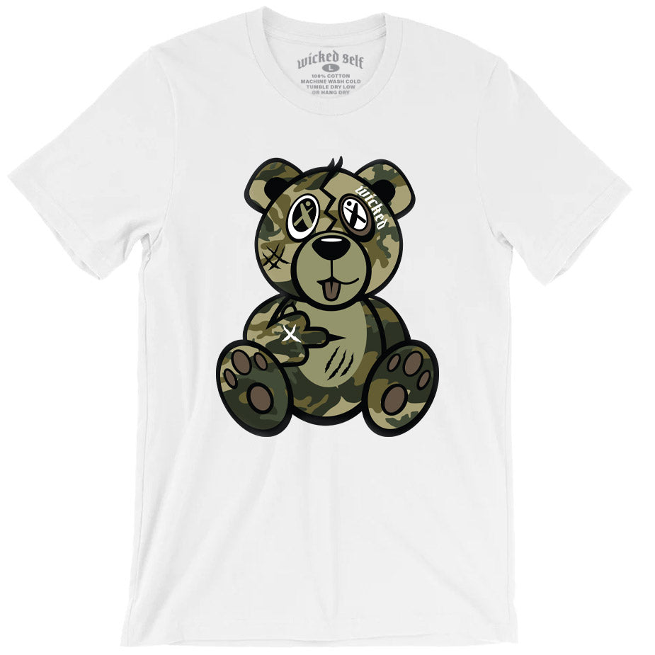 Army Green Camo Wicked Bear T-Shirt - White